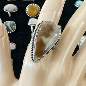 Natural genuine dendritic agate fern ring size 8.5 silver overlay stamped 925